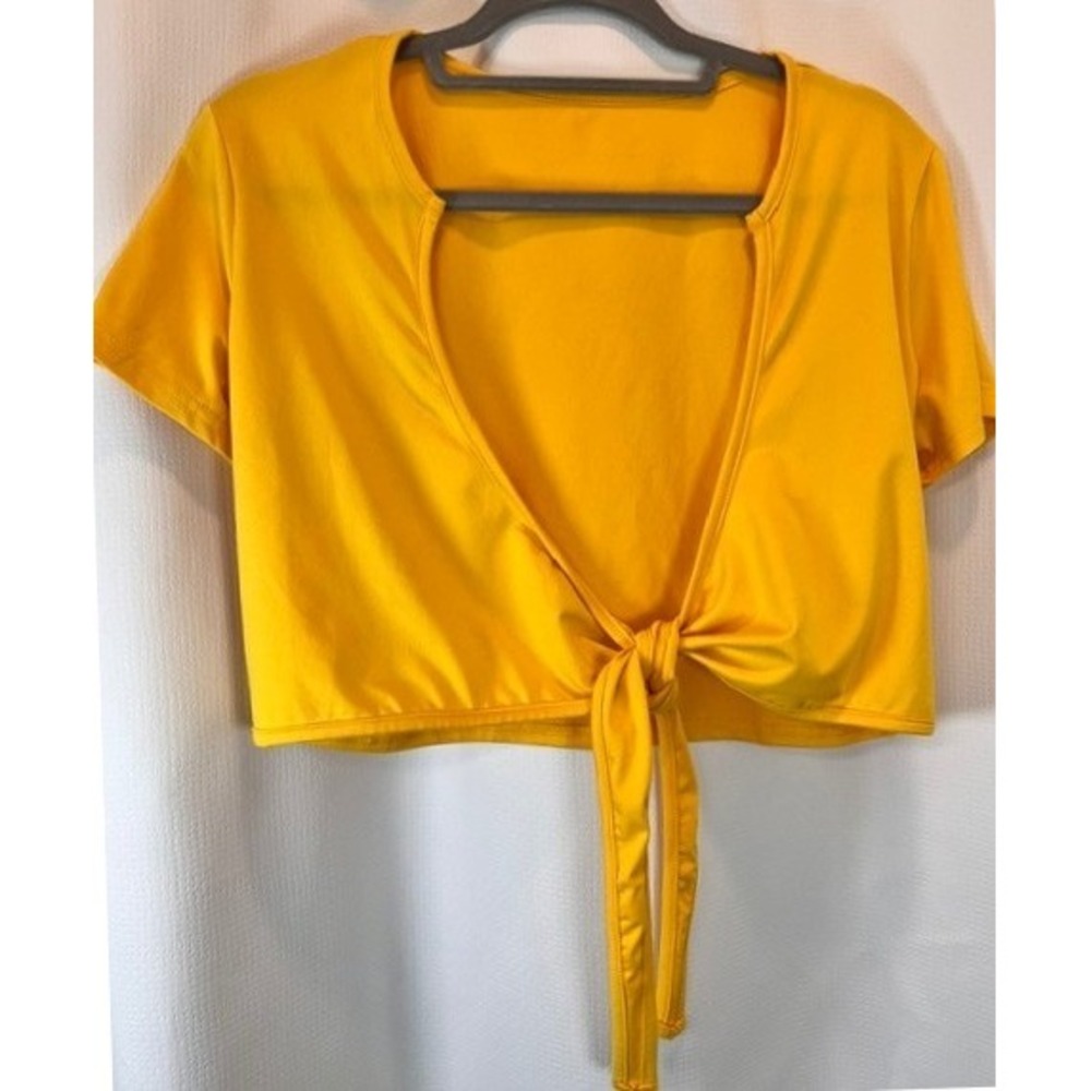 Vibrant Yellow Tie Front Crop Top Plunging Neck Summer Festival Tee L Y2K